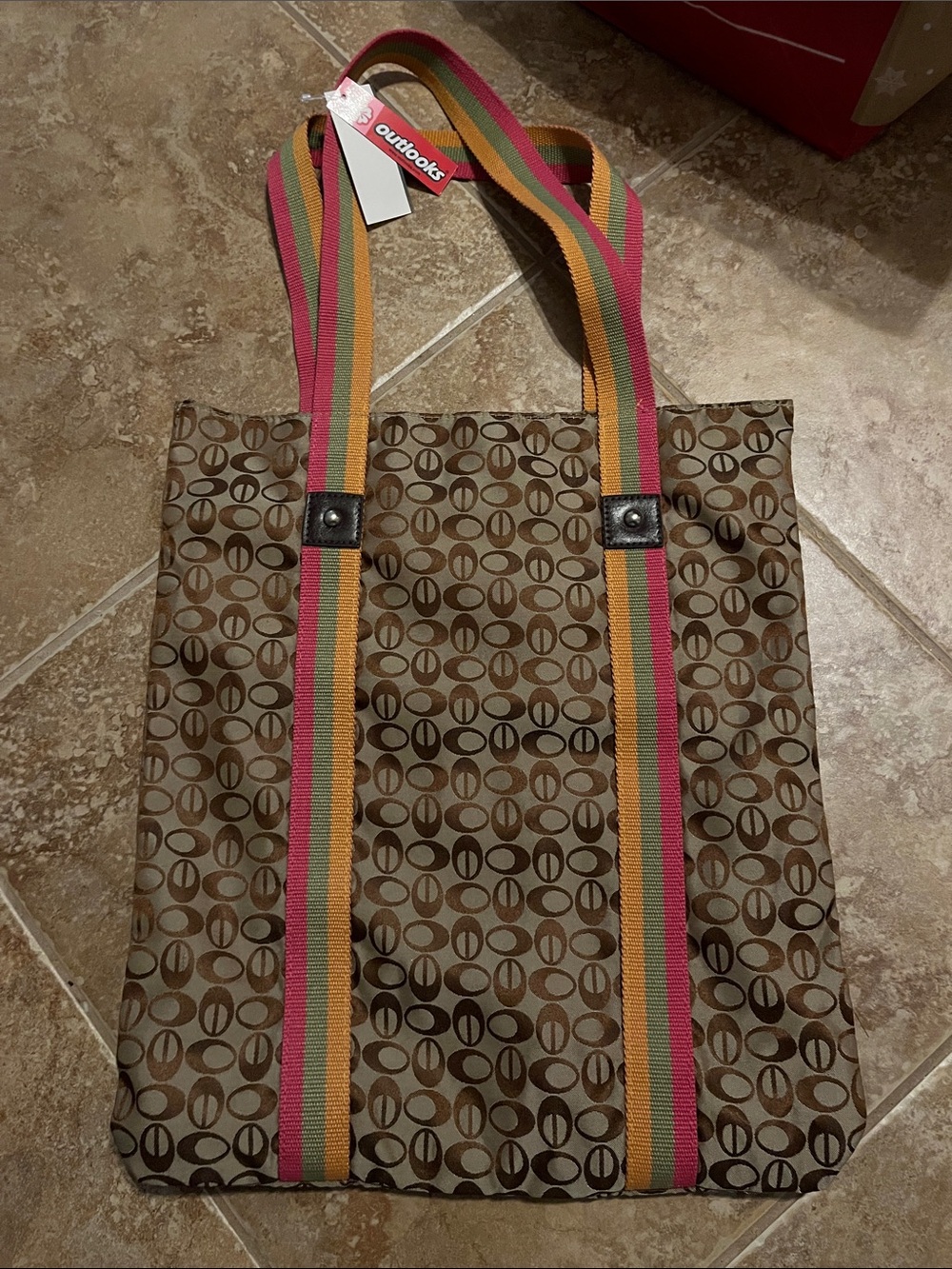Canvas Tote with Brown Circle Pattern & Multicolor Straps NWT